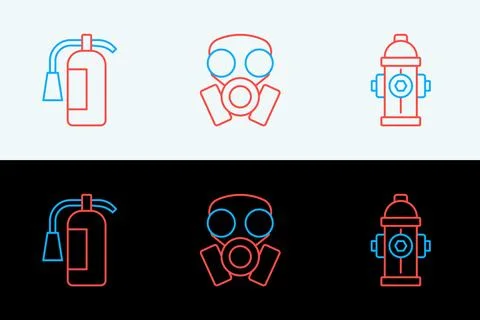 Set line Fire hydrant, extinguisher and Gas mask icon. Vector Stock Illustration
