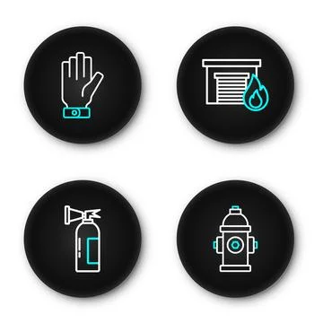 Set line Fire hydrant, extinguisher, burning garage and Firefighter gloves .. Stock Illustration
