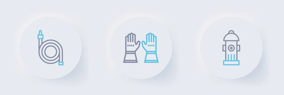 Set line Fire hydrant, Firefighter gloves and hose reel icon. Vector Stock Illustration