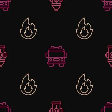 Set line Fire hydrant, flame and truck on seamless pattern. Vector Stock Illustration
