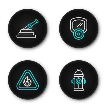 Set line Fire hydrant, flame in triangle, Gas mask and hose reel icon. Vector Illustrazione stock