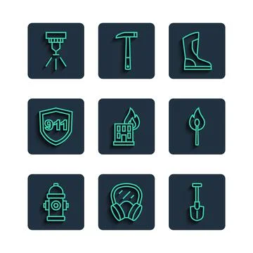 Set line Fire hydrant, Gas mask, shovel, boots, in burning building, Emergency Ilustración de archivo