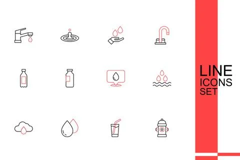 Set line Fire hydrant, Glass with water, Water drop, Cloud rain, location, .. Stock Illustration