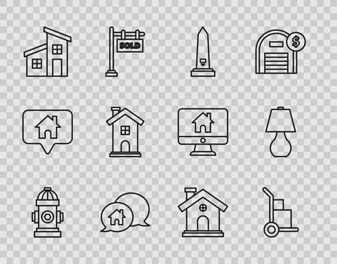 Set line Fire hydrant, Hand truck and boxes, Washington monument, House building Ilustración de archivo