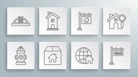 Set line Fire hydrant, Home symbol, Cardboard box with house, Globe, Hanging Stock Illustration