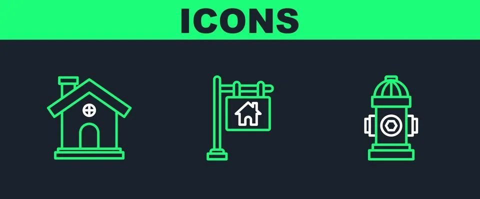 Set line Fire hydrant, House and Hanging sign with text Sale icon. Vector Ilustración de archivo