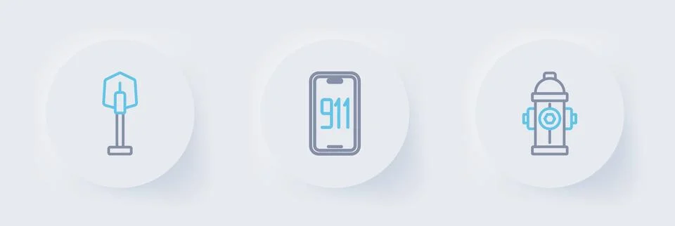 Set line Fire hydrant, Mobile emergency call 911 and shovel icon. Vector Stock Illustration