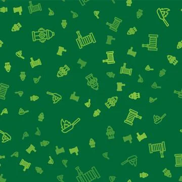 Set line Fire hydrant, Pan with fire and hose reel on seamless pattern. Vector Stock Illustration