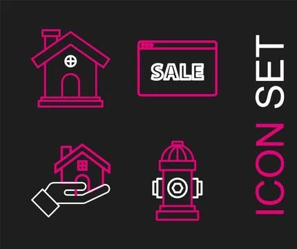 Set line Fire hydrant, Realtor, Hanging sign with text Online Sale and House Ilustración de archivo
