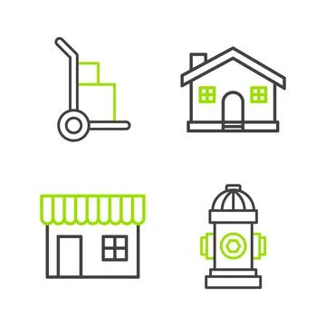 Set line Fire hydrant, Shopping building or market store, House and Hand truc Ilustración de archivo