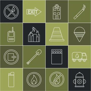Set line Fire hydrant, Water delivery truck, cone bucket, Medical hospital Illustration
