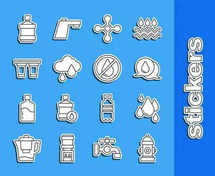 Set line Fire hydrant, Water drop, tap, Cloud with rain, filter, Big bottle.. Stock Illustration