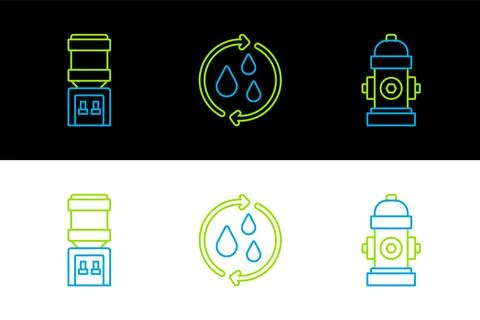 Set line Fire hydrant, Water cooler and Recycle clean aqua icon. Vector Stock Illustration