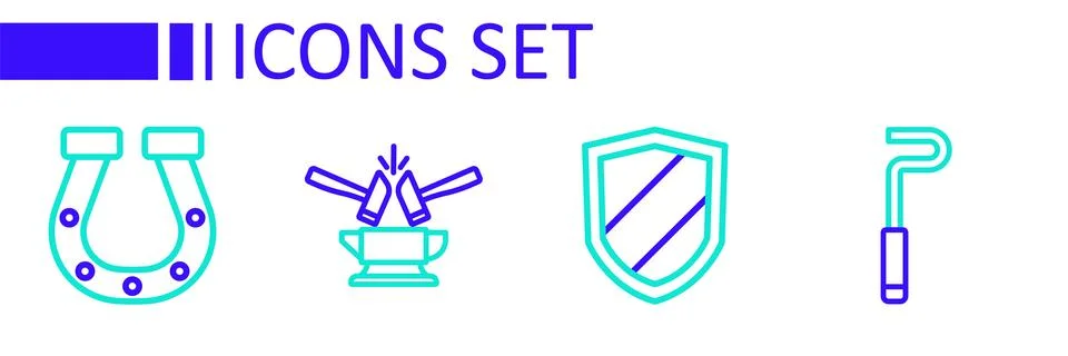 Set line Fire poker, Shield, Anvil and hammer and Horseshoe icon. Vector Stock Illustration