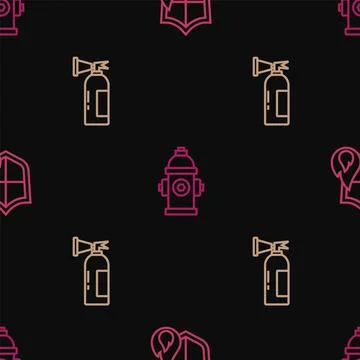 Set line Fire protection shield, extinguisher and hydrant on seamless pattern Illustrazione stock