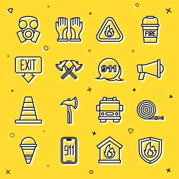 Set line Fire protection shield, hose reel, Megaphone, flame in triangle Illustration