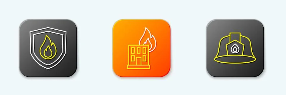 Set line Fire protection shield, in burning building and Firefighter helmet.. Ilustración de archivo