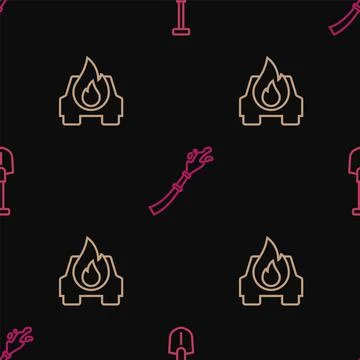 Set line Fire shovel, Burning car and hose reel on seamless pattern. Vector Illustrazione stock