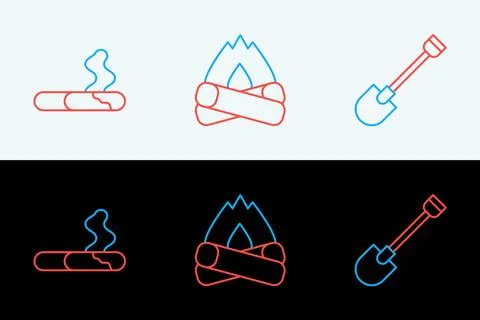 Set line Fire shovel, Cigarette and Campfire icon. Vector Stock Illustration