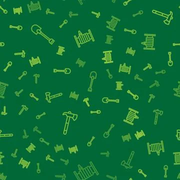 Set line Fire shovel, Firefighter axe and hose reel on seamless pattern. Vect Stock Illustration