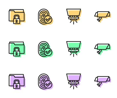 Set line Fire sprinkler system, Folder and lock, Fingerprint and Security camera Stock Illustration