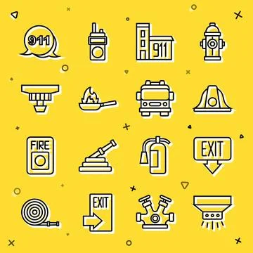 Set line Fire sprinkler system exit Firefighter helmet Building of fire stati Ilustración de archivo