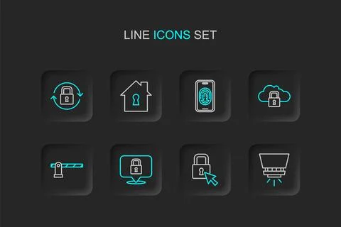Set line Fire sprinkler system, Lock, Parking car barrier, Cloud computing .. 库存插图