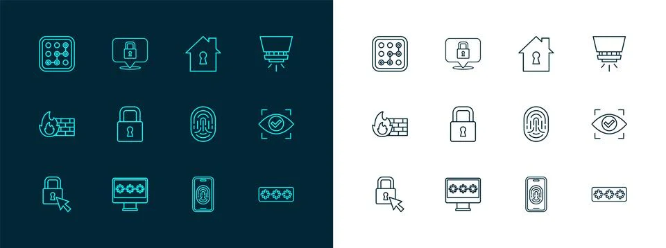 Set line Fire sprinkler system, Monitor with password, Fingerprint, Mobile .. Stock Illustration