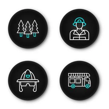 Set line Fire truck, Firefighter helmet,  and Forest icon. Vector Stockillustratie