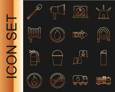Set line Fire truck, Lighter, hose reel, Interior fireplace, Water drop, sh.. Ilustração Stock