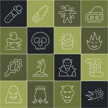 Set line Fireball, Magic scroll, flame, Voodoo doll, Skull, Witch, Bottle w.. Ilustração Stock