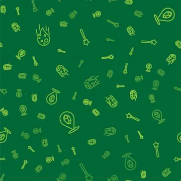 Set line Fireball, Magic stone and wand on seamless pattern. Vector Illustrazione stock