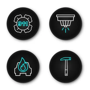 Set line Firefighter axe, Burning car, Smoke alarm system and Emergency cal.. Illustration