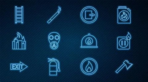 Set line Firefighter axe, Electric wiring of socket in fire, exit, Gas mask Stock Illustration