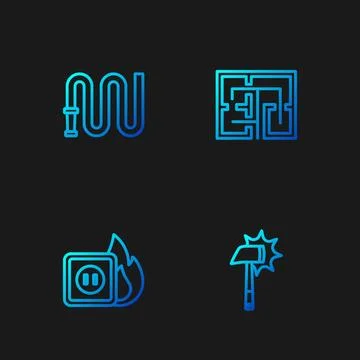 Set line Firefighter axe, Electric wiring of socket in fire, hose reel and Stock Illustration