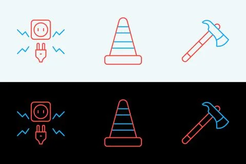 Set line Firefighter axe, Electricity spark and Traffic cone icon. Vector Illustrazione stock