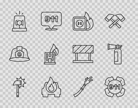 Set line Firefighter axe, Emergency call 911, Electric wiring of socket in fire Ilustración de archivo