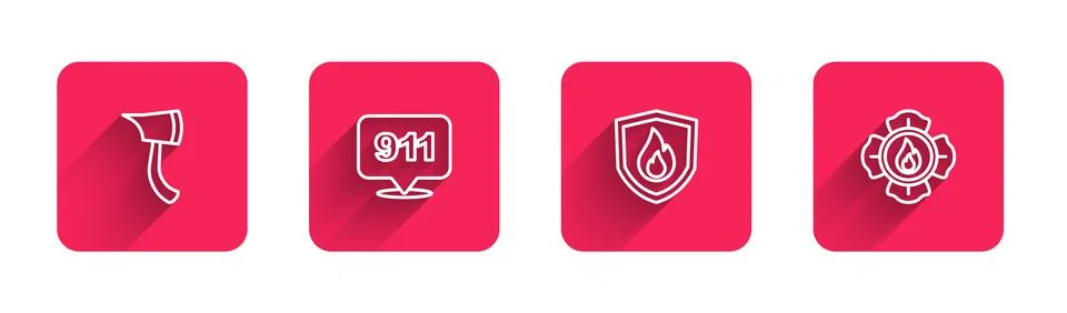 Set line Firefighter axe, Emergency call 911, protection shield and  with lon Illustration