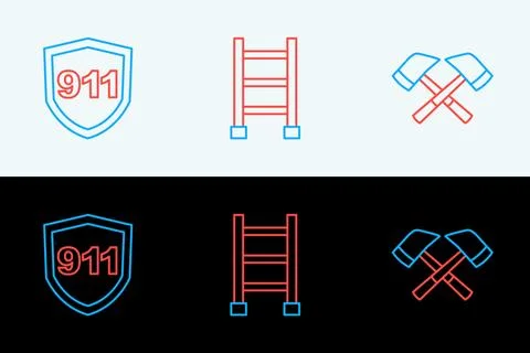 Set line Firefighter axe, Emergency call 911 and escape icon. Vector Illustration