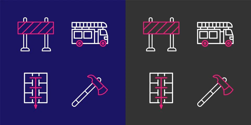 Set line Firefighter axe, Evacuation plan, truck and Road barrier icon. Vecto Illustration