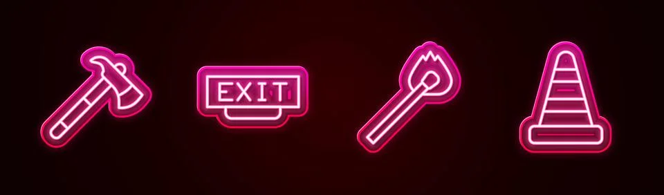 Set line Firefighter axe, exit, Burning match with fire and Traffic cone Illustration
