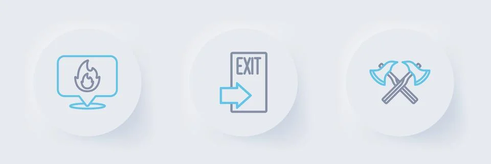 Set line Firefighter axe, exit and Location with fire flame icon. Vector Stock Illustration