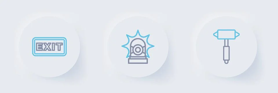 Set line Firefighter axe, Flasher siren and exit icon. Vector Stock Illustration
