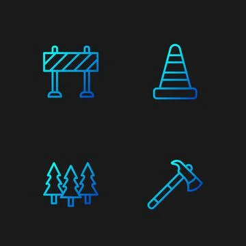 Set line Firefighter axe, Forest, Road barrier and Traffic cone. Gradient color Illustration