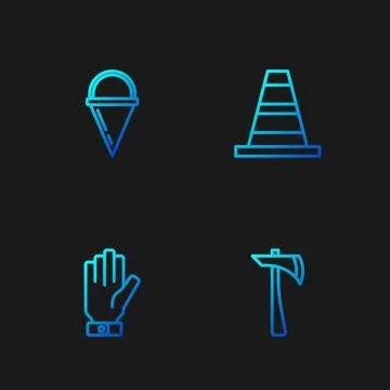 Set line Firefighter axe, gloves, cone bucket and Traffic. Gradient color icons Illustration