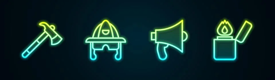 Set line Firefighter axe, helmet, Megaphone and Lighter. Glowing neon icon... Stock Illustration