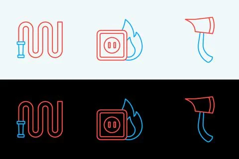 Set line Firefighter axe, hose reel and Electric wiring of socket in fire i.. Stock Illustration