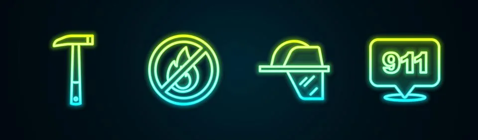 Set line Firefighter axe, No fire, helmet and Emergency call 911. Glowing n.. Illustration