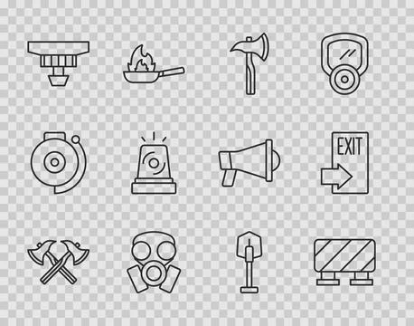 Set line Firefighter axe, Road barrier, Gas mask, Smoke alarm system, Flasher Illustration