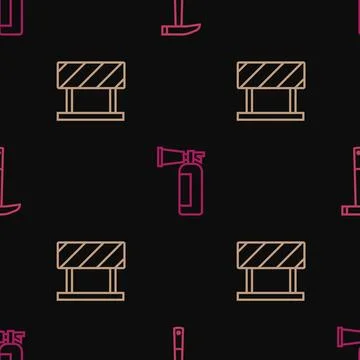 Set line Firefighter axe, Road barrier and extinguisher on seamless pattern.. Illustration
